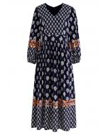 Bohemian Printed Elbow Sleeves Midi Dress