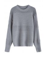 Stripe Embossed Openwork Knit Sweater in Grey