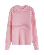 Stripe Embossed Openwork Knit Sweater in Pink