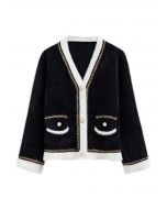 Contrast Shimmer Fringe Fuzzy Knit Cardigan in Black