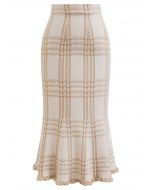 Vintage Plaid Fringed Hemline Knit Skirt in Light Tan