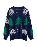 Christmas Tree and Snowflake Jacquard Knit Sweater in Indigo