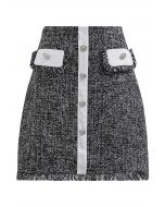 Buttoned Fringe Trimmed Tweed Mini Bud Skirt