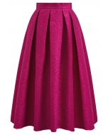 Embossed Floral Pleated Flare Midi Skirt in Hot Pink