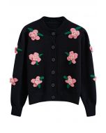 3D Stitch Flower Embroidered Button Down Cardigan in Black