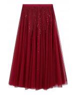 Ravishing Sequins Mesh Tulle Midi Skirt in Red