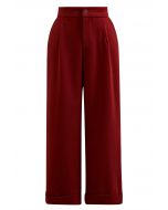 Comfy Chunky Straight-Leg Cuffed Pants in Rust Red