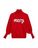 Merry Turtleneck Batwing Sleeve Knit Sweater in Red