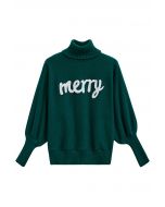 Merry Turtleneck Batwing Sleeve Knit Sweater in Dark Green
