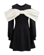 Contrast Big Bow Cold-Shoulder Flare Dress