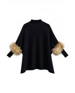 Faux Fur Sleeve Split Hem Knit Poncho in Black