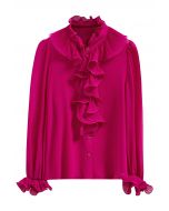 Ruffle Romance Chiffon Button-Up Shirt in Hot Pink