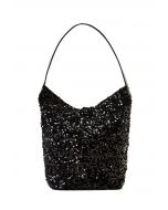 Faux Leather Full Sequin Bucket Bag in Black