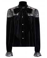 Floral Lace Spliced Bowknot Velvet Shirt in Black