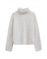 Turtleneck Sequin Cable Knit Sweater in White