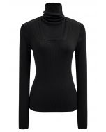 Fake Two-Piece High Neck Knit Top in Black