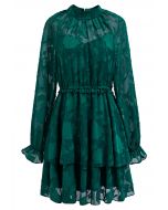 Floral Jacquard Mesh Tiered Mini Dress in Emerald