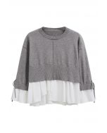 Tie-String Cuffs Spliced Cotton Hem Knit Top in Grey