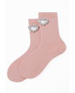 Rhinestone Hollow Out Heart Cotton Socks in Pink