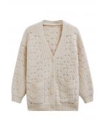 Button Front Pointelle Knit Cardigan in Oatmeal