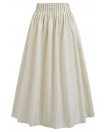 Casual Pleated Waist Cotton Maxi Skirt in Cream