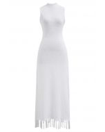 Fringed Texture Knit Sleeveless Maxi Dress in White