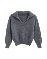 Flap Collar Fuzzy Knit Cropped Sweater in Smoke
