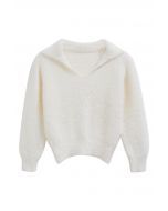 Flap Collar Fuzzy Knit Cropped Sweater in White