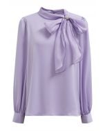 Self-Tie Bowknot Floral Brooch Satin Shirt in Lavender