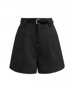 Chic Belted Front Pocket Shorts in Black