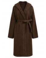 Hooded Belted Longline Knit Cardigan in Brown