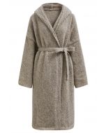 Hooded Belted Longline Knit Cardigan in Taupe
