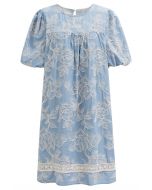 Sequins Trim Floral Embroidered Dolly Dress in Light Blue