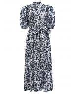 Floral Vine Printed Bubble Sleeve Buttoned Cotton Dress in Black