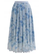 Watercolor Floral Printed Mesh Tulle Midi Skirt in Blue