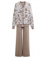 Abstract Print Buttoned Knit Cardigan and Pants Set in Camel