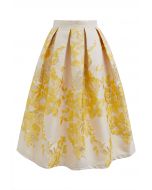 Ebullient Peony Jacquard Pleated Midi Skirt in Yellow