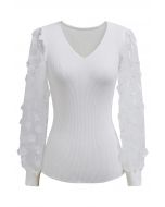 3D Floret Mesh Sleeves Spliced Knit Top in White