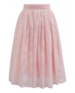 Velvet Rose Texture Organza Midi Skirt in Pink