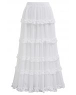 Adorable Ruffle Trim Flare Maxi Skirt in White