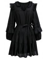 Fringe Detail Tiered Sleeve Mini Dress in Black