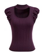 Choker Neck Ruched Cap Sleeves Knit Top in Purple