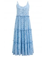Floral Front Buttoned Ruffled Trim Cami Midi Dress in Blue