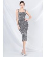 Glitzy Sequin Split Velvet Cami Gown in Grey