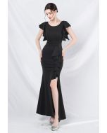 Glamorous Ruffle Trim Slit Mermaid Gown in Black