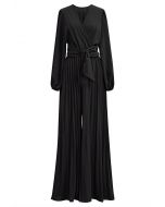 Sash Adorned Wide Leg Pleated Jumpsuit in Black