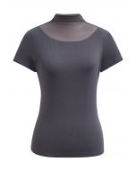 Mesh Spliced Neckline Stretchy Top in Grey