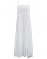 3D Floral Tie-Shoulder Chiffon Pleated Dress in White