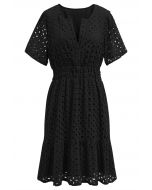 Eyelet Embroidery V-Neck Cotton Dress in Black