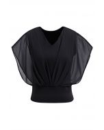 Flowy Chiffon Spliced V-Neck Crop Top in Black